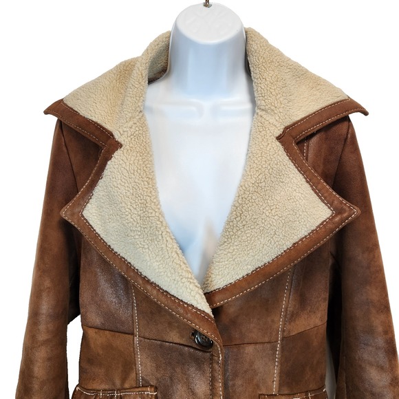 Guess Women's Size M Faux Shearling Coat Brown Sherpa Penny Lane 70s Western Y2K - Picture 3 of 9